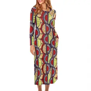 Özel uzun kollu moda Kitenge elbise tasarımları afrika kadınlar boy gevşek rahat Maxi elbise cepler ile Ankara balmumu baskı