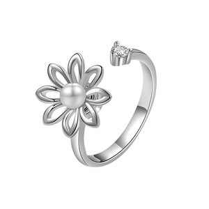 Vintage Rotating Floral <b>Adjustable</b> <b>Ring</b> Shell Pearl Zircon Copper Rhodium Plated Anxiety <b>Ring</b> Fidget Jewelry For Women - Product Image 1