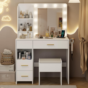Coiffeuse moderne en bois avec miroir éclairé par LED, étagères de rangement, grands tiroirs, tabouret de rangement, prise de courant, <span class=keywords><strong>chambre</strong></span> à coucher - Product Image 2