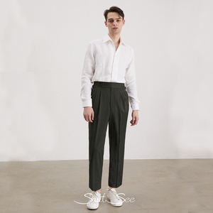 RTS/OEM <span class=keywords><strong>Solaro</strong></span> Style italien hommes pantalons décontractés Naples été laine pantalon pour homme taille haute boucle latérale pantalon Double plissé - Product Image 6