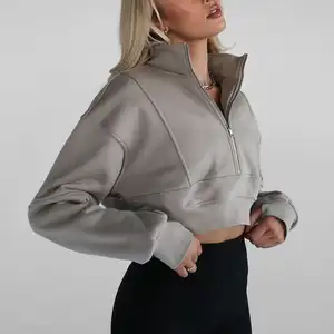 OEM Custom Long-sleeved Loose Short Style Polo Neck Half Zipper Women's Sports Ftness Sports Top Sweatshirt Hoodies