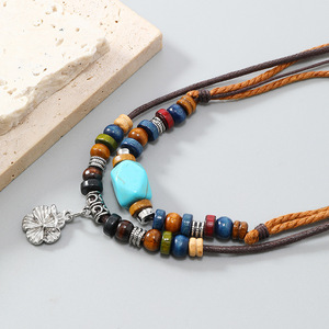 Collar tejido Piedra natural Turquesa Flor Colgante Collar doble para mujer Uionen 1391 - Product Image 4