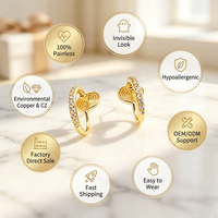 Boucles d'oreilles créoles plaquées or 18 carats avec zircone cubique pour oreilles non percées, invisibles et indolores, style serpentin, minimalistes, inaltérables