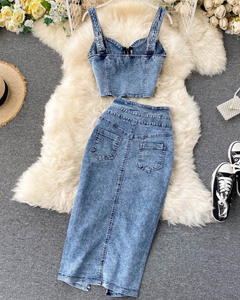 Completo da donna in denim a due pezzi, top chic con scollo all'americana e gonna a vita alta con spacco irregolare, taglie S M <span class=keywords><strong>L</strong></span> - Product Image 5