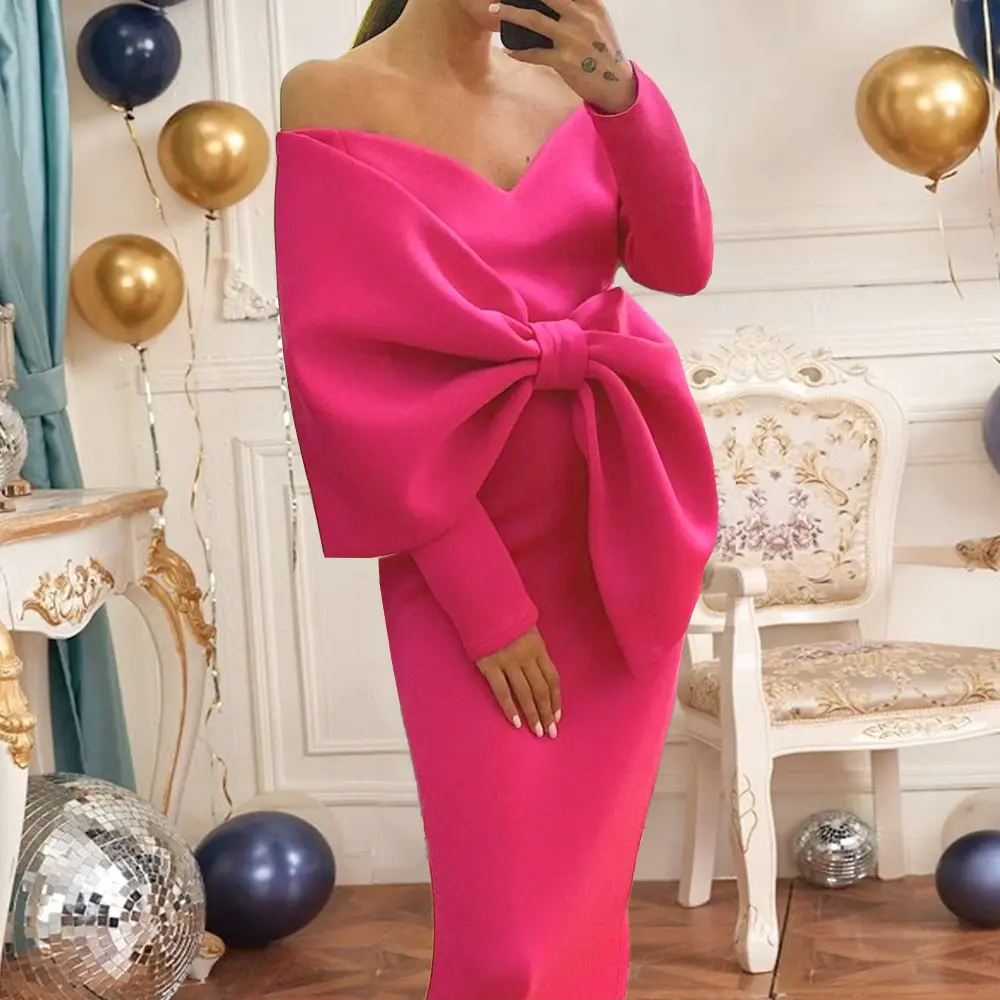 Am210 Deep V Bow High Waist Wrap Hip Party Dress Long Sleeve Pink Color Elegant Maxi Dresses