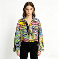 Veste en jean courte pour femme, style vintage baroque floral, imprimé paisley coloré, coupe trucker