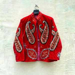 Premium Red <b>Velvet</b> Floral Embroidered Suzani <b>Jacket</b> Full Sleeve Stand Collar Handmade Boho <b>Women</b> Winter Outerwear - Product Image 1