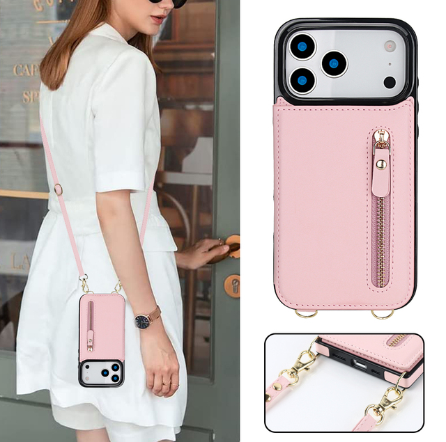 Premium Luxury  PU Leather Wallet Crossbody Lanyard Zipper Phone Case Shockproof Anti Scratch for iPhone 14 15 16 17 Pro