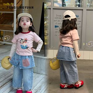Girls Spring Korean Style Cute Two Piece Set T Shirt Loose Jeans Cotton Cartoon Print For Baby Girls - Product Image 1