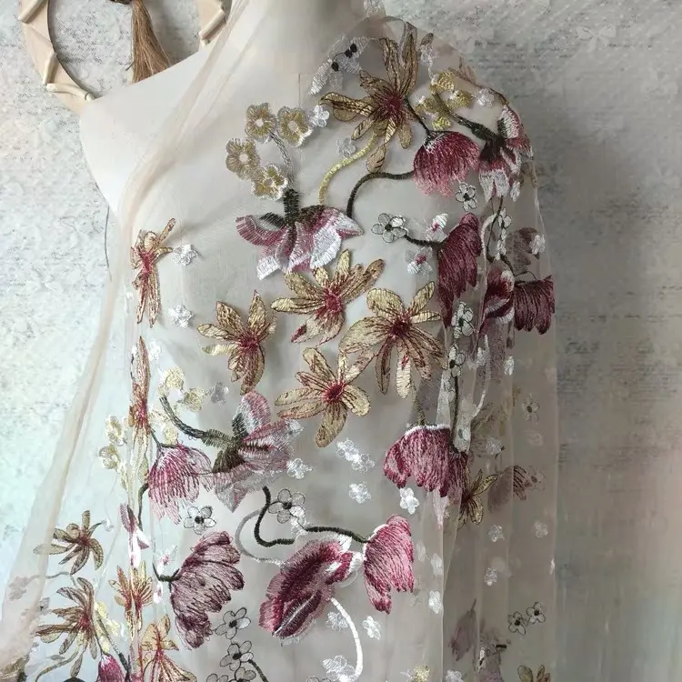 Мульти цветок вышивка тюль ткань для свадебного платья