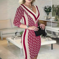 Robe moulante élégante à col en V pour femme, chic et décontractée, imprimé géométrique, robe de soirée portefeuille, mini-robe trois-quarts pour femme