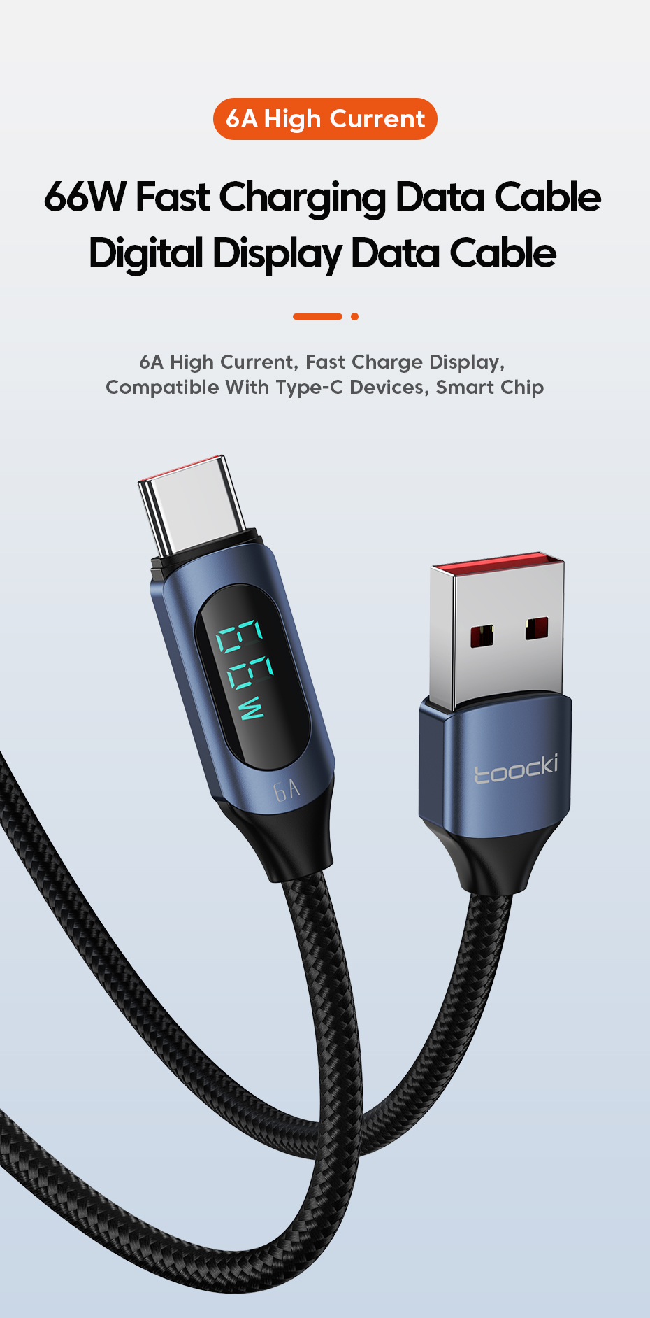 Кабель Toocki USB Type-C PD66W 6A (1м) з дисплеєм