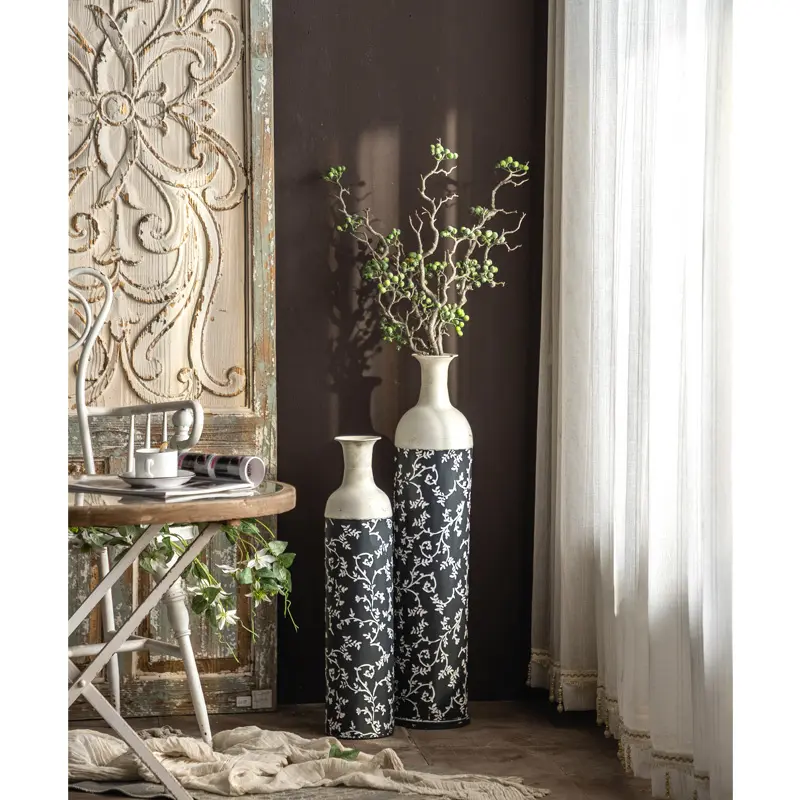 Retro flower vase home decor designer blue and white Chinese style luxury metal living room antique floor flower vase