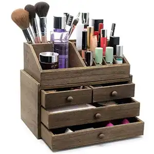 Organizador de maquillaje de madera, caja de almacenamiento para cajones