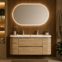 Meuble-lavabo de salle de bain moderne de luxe en bois naturel courbé, gain de place, double vasque, miroir LED intégré pour appartement et suite parentale