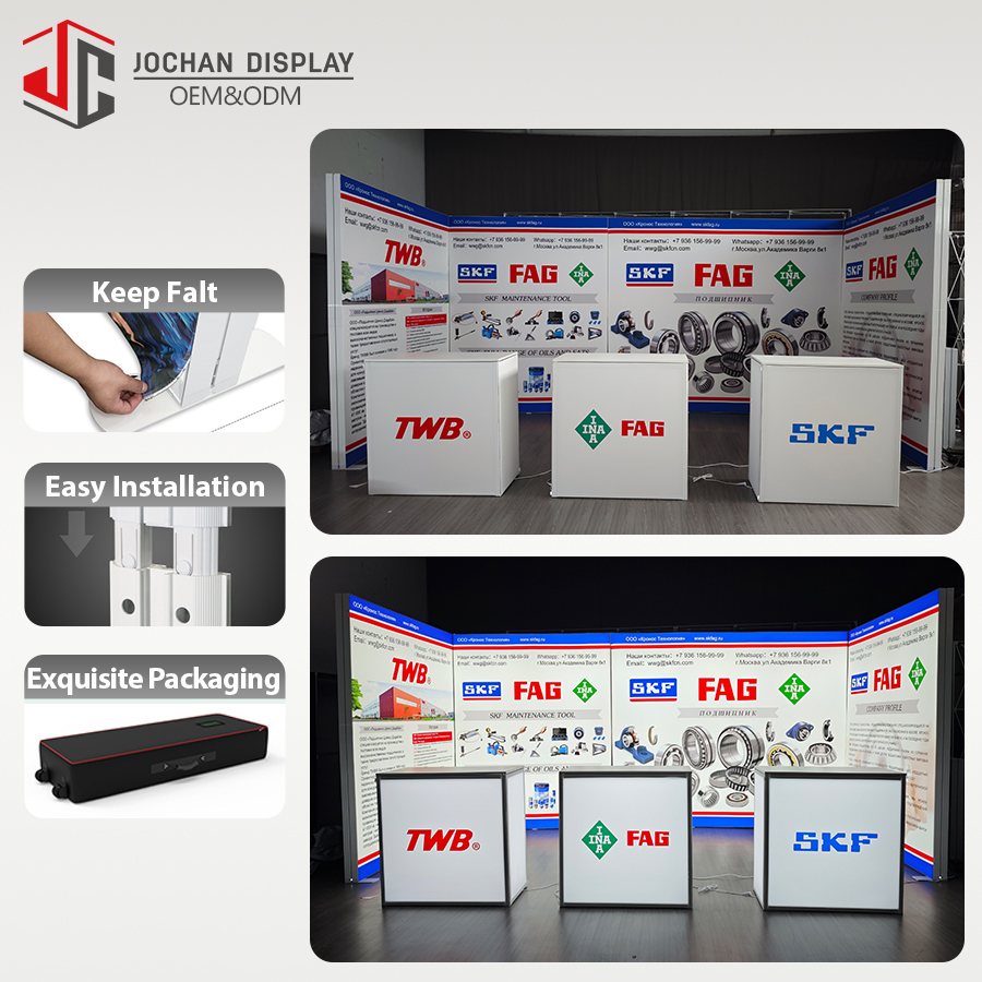 2025 OEM Jochan Custom Portable Tradeshow Backdrop Set Backlit Frame Display Banner Expo Exhibition Booth LED Lighting Box Stand Trade Show Display