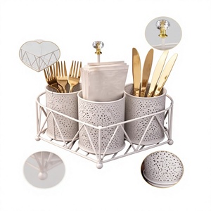 Support de Rangement Métallique pour Ustensiles de Cuisine avec 3 Pots Cylindriques pour Baguettes et Cuillères, Étagère Blanche en Fil Métallique, Type Autoportant - Product Image 4