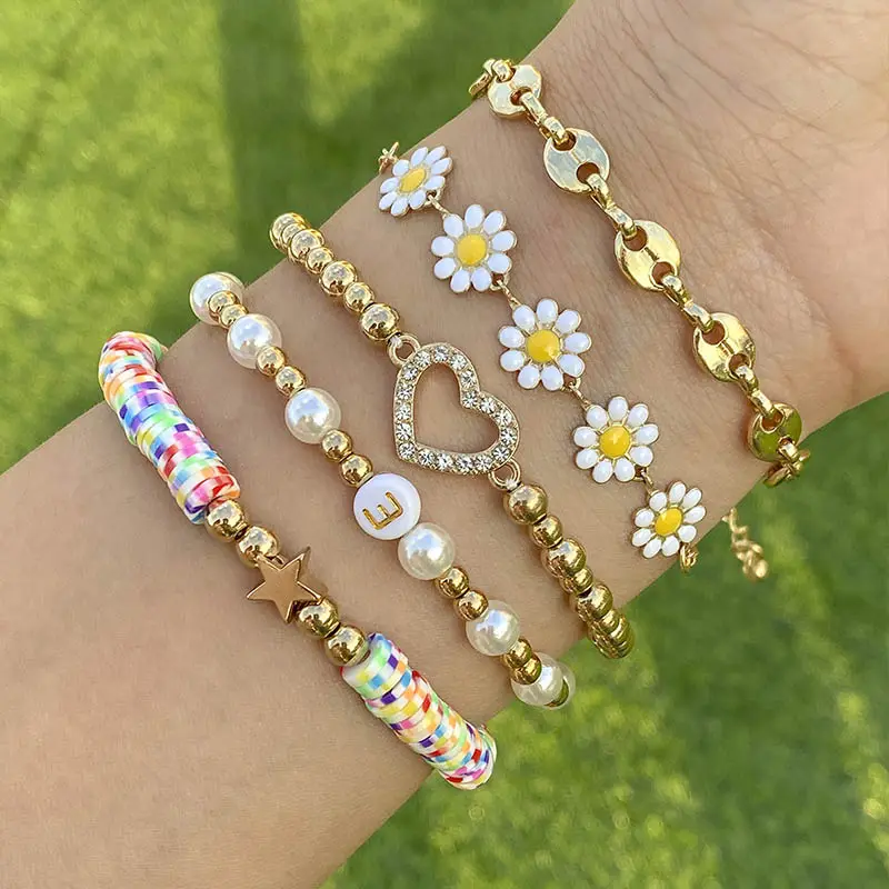 Women Summer Beach Holiday Bracelets Set Simple Colorful Flower Letters Polymer Clay Beaded Bracelets Layering Bracelet