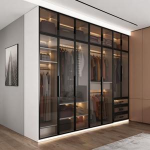 Armoire moderne avec cadre en métal noir, portes coulissantes en verre givré MDF, LED, tiroirs spacieux, tringles de suspension, étagères, élégante pour chambre à coucher - Product Image 2