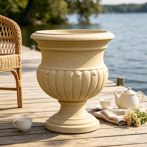 Urne de jardin classique à piédestal cannelé en résine, faite et peinte à la main, beige, texture pierre, style vintage <span class=keywords><strong>romain</strong></span>, pour patio, véranda, extérieur - Product Image 3