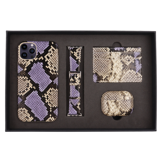 Manufacture Customize Logo Watch Band Card Holder Leather Pu Snakeskin Mobile Ear Phone Case Set for Iphone Pro Max