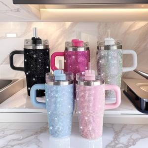 แก้วกาแฟแบบมีหูจับ ขนาด 14 ออนซ์ ประดับเพชรหลากสี แบบขายส่ง พร้อมฝาปิดและหลอดดูด - Product Image 1