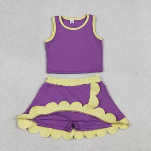 ชุดเด็กผู้หญิง GSD4015 rts Little Active Girl สีม่วงเหลืองลายตาราง ชุดขายส่งแบบไม่มีแขน เสื้อผ้าเด็กผู้หญิง ชุดกระโปรงโยคะ - Product Image 4