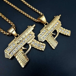 Collier pendentif en or pour hommes bijoux hip hop acier inoxydable diamant cristal strass pierre machine <span class=keywords><strong>fusil</strong></span> pistolet <span class=keywords><strong>à</strong></span> bascule - Product Image 1