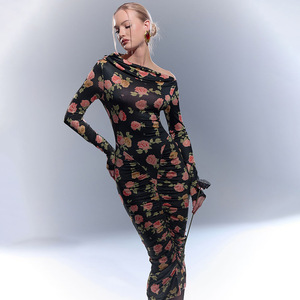 Vestido Ajustado de Manga Larga con Estampado Floral y Hombros Descubiertos, Estilo Europeo Americano para Mujer, Otoño 2025, Ropa de Cóctel - Product Image 3