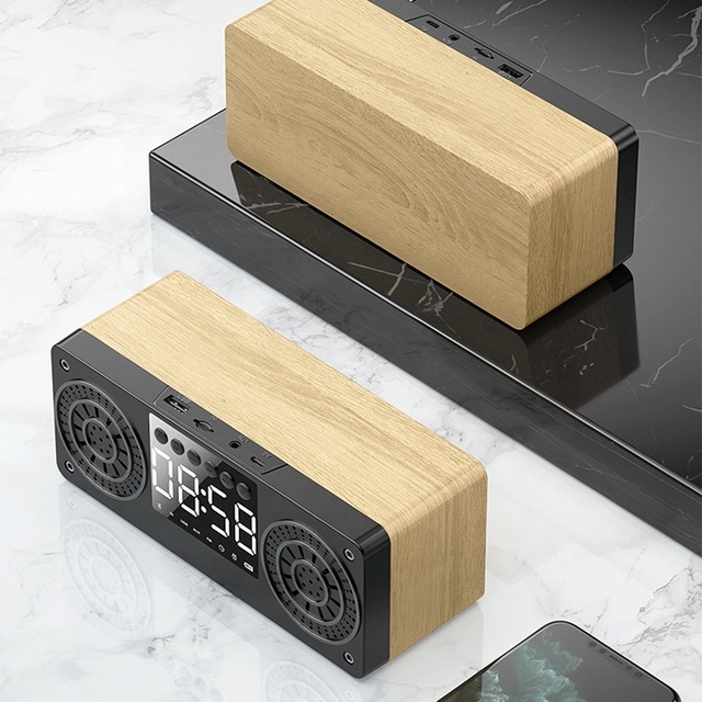 Wooden Portable FM Radio BT 5.0 Speaker Alarm Clock LED Display Speakers Stereo Desktop Sub Woofer Support TF AUX USB Music