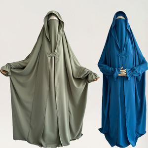Jilbab Cape One Piece Nida con cuerda para el dedo y botón frontal Ropa islámica Mujeres musulmanas Ramadán Eid Oración con capucha Jilbab - Product Image 4