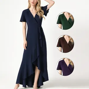 GREEN DIMPLE Custom Lady Chiffon Ruffle Maxi Dress V-neck Vestidos Women Elegant Summer Elegant Casual Dresses OEM