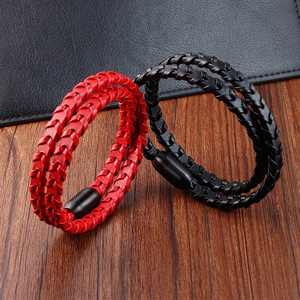 Black <b>Red</b> and Blue Cowhide <b>Bracelet</b> Men's Minimalist Braided Genuine Leather <b>Bracelet</b> Handmade Leather Wristband - Product Image 3
