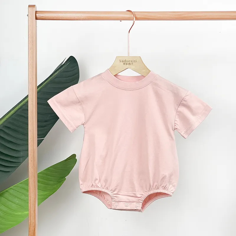 Macacão de bebê unissex OEM, camiseta de manga curta sólida, roupa de verão para meninos e meninas, com gola redonda, roupa de verão