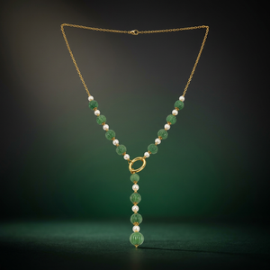 Collier personnalisé en laiton italien plaqué rhodium avec perles cannelées en jade vert et imitation perle, chaîne lariat fine pour femme, luxe - Product Image 4
