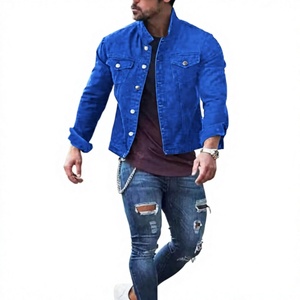 Veste en jean bleu délavé pour homme, col montant, style décontracté, fermeture à bouton unique, coupe ajustée, longueur standard, en vente - Product Image 1