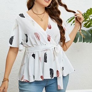 Penjualan laris blus Peplum bersabuk ukuran Plus dasi bungkus leher V cetak bulu lengan pendek musim panas atasan untuk wanita - Product Image 6