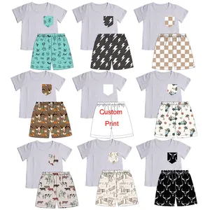 Spring Summer Milk Silk Fabric Western Print Baby Outfits T-shirt With Pocket Short Pants Boy Clothing Children Shorts Sets