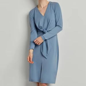 เดรสลำลองฤดูร้อนผ้าเดนิมผูกเอว คอสูง ลายดอกไม้ เป็นมิตรกับสิ่งแวดล้อม ระบายอากาศได้ดี พร้อมผ้าลูกไม้ผูกเอว - Product Image 1