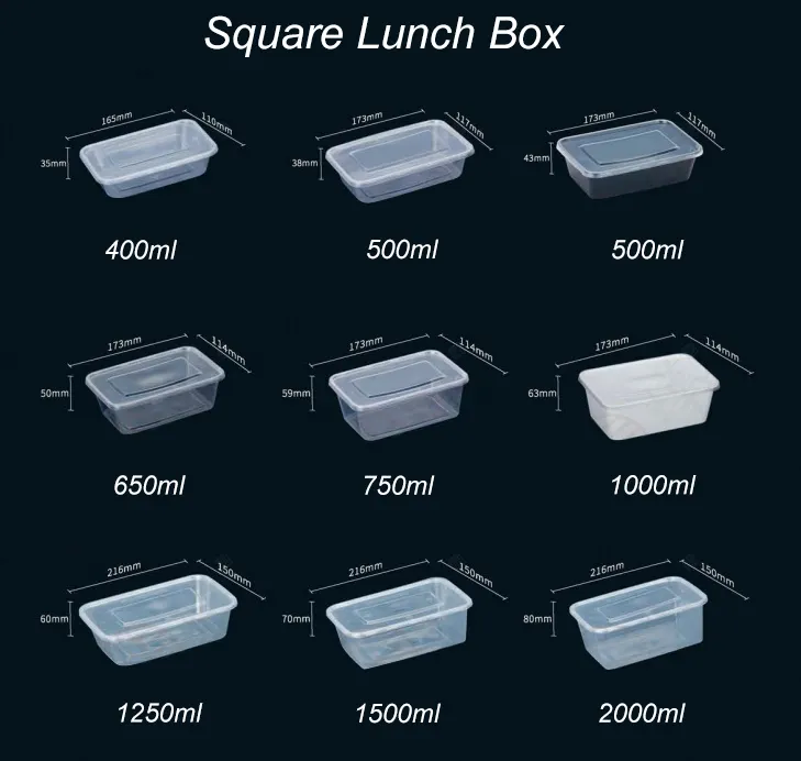 Customizable 500ML 750ML 2000ML Rectangular Clear Microwavable PP Disposable Takeaway Plastic Lunch Box Food Containers with Li