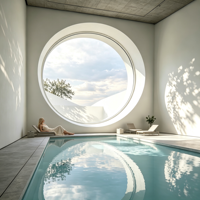 Fenêtre fixe ronde en aluminium de style Porte de Lune, pour pavillon de jardin chinois classique, avec cadre en bambou et verre trempé offrant une vue.