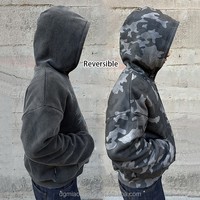 OEM Veste réversible zippée camouflage vintage oversize à épaules tombantes pour homme, et Hoodie court coupe carrée en tricot gaufré camouflage délavé à l'acide pour homme
