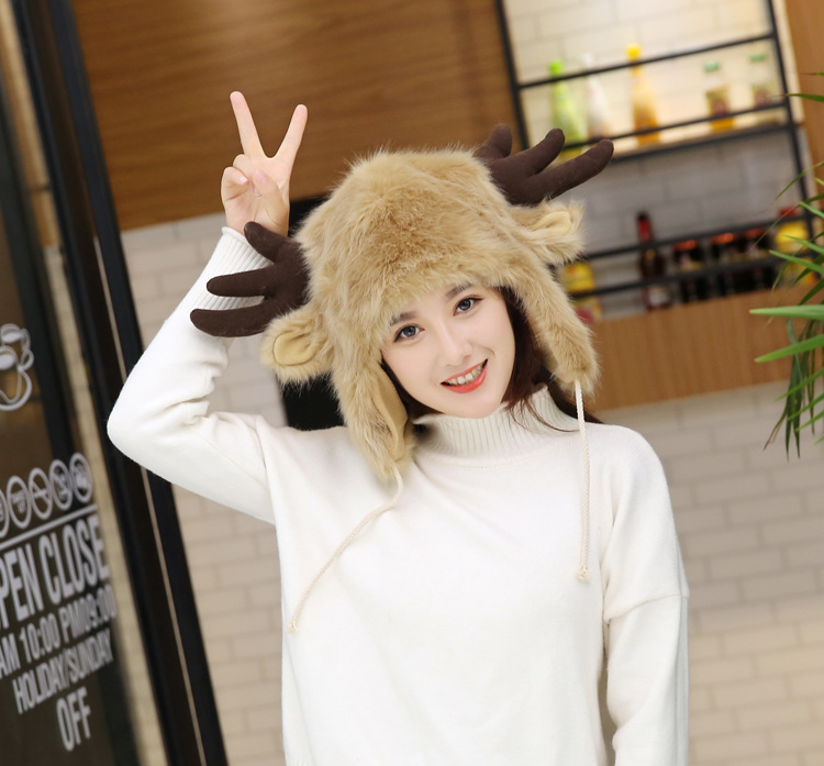 DDA667 Cute Unisex Women Faux Fur Elk Earflap Caps