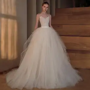2023 Francês design soft lace luxo casamento vestidos personalizar tule suspensórios sexy noite vestido