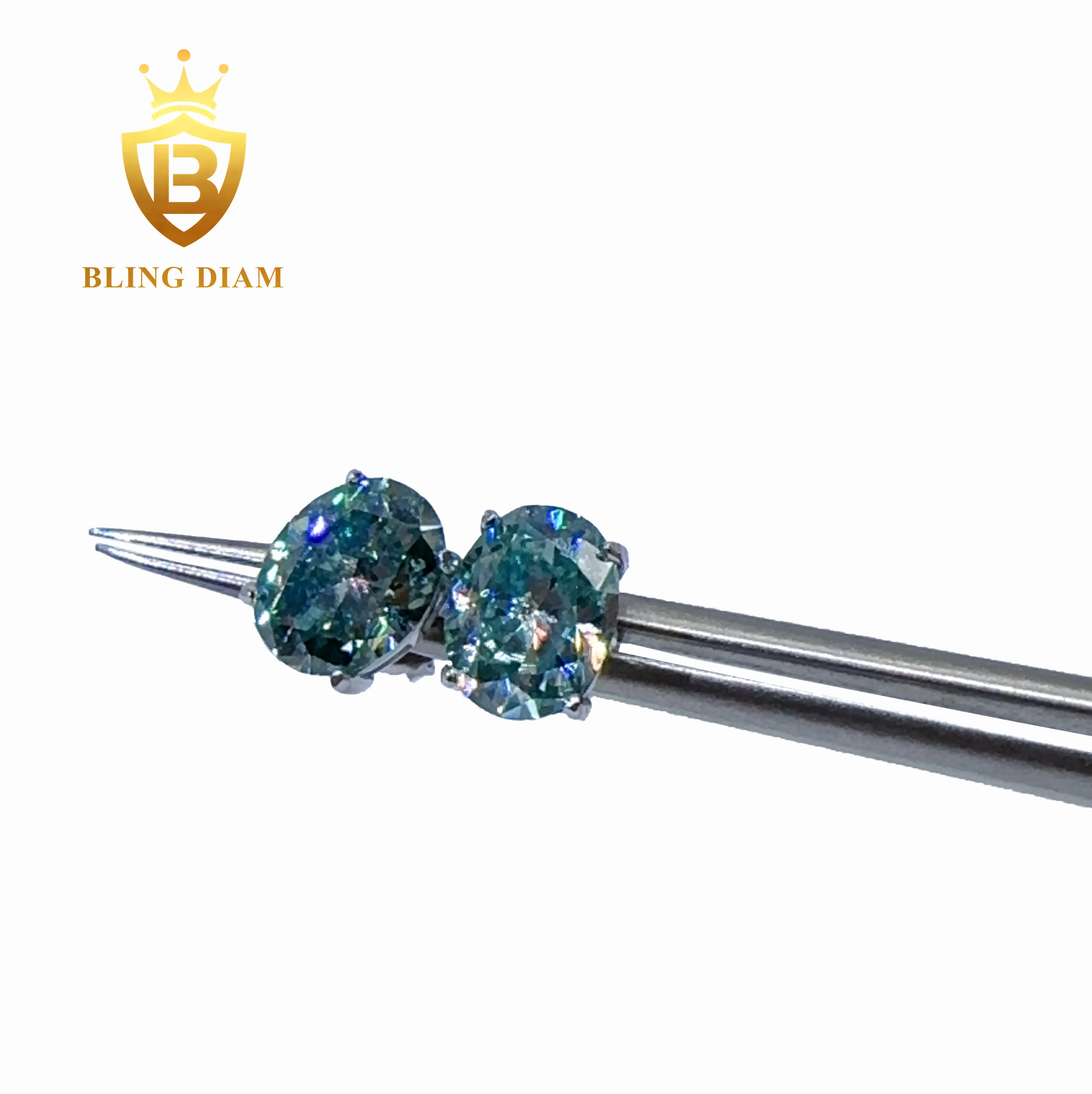 Blingdiam joyería pasar diamante probador de alta calidad corte ovalado plata azul verde sintético moissanite Stud pendientes