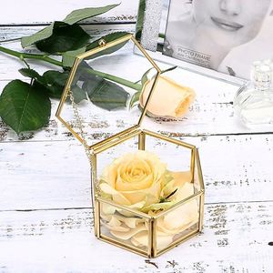 Caja de Joyería Hexagonal de Vidrio de Estilo Vintage con Detalles en Latón Dorado, Organizador de Joyas Transparente, Estuche Decorativo de Estilo Retro para Tocador - Product Image 3