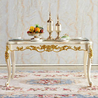 Table à manger rectangulaire en chêne massif de style européen, avec plateau en marbre antique, ensemble de salle à manger de luxe doré blanc pour restaurant et maison