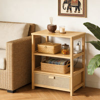 Table d'appoint de rangement à niveaux personnalisable en bambou avec station de charge et tiroir en tissu réglable pour chambre et salon