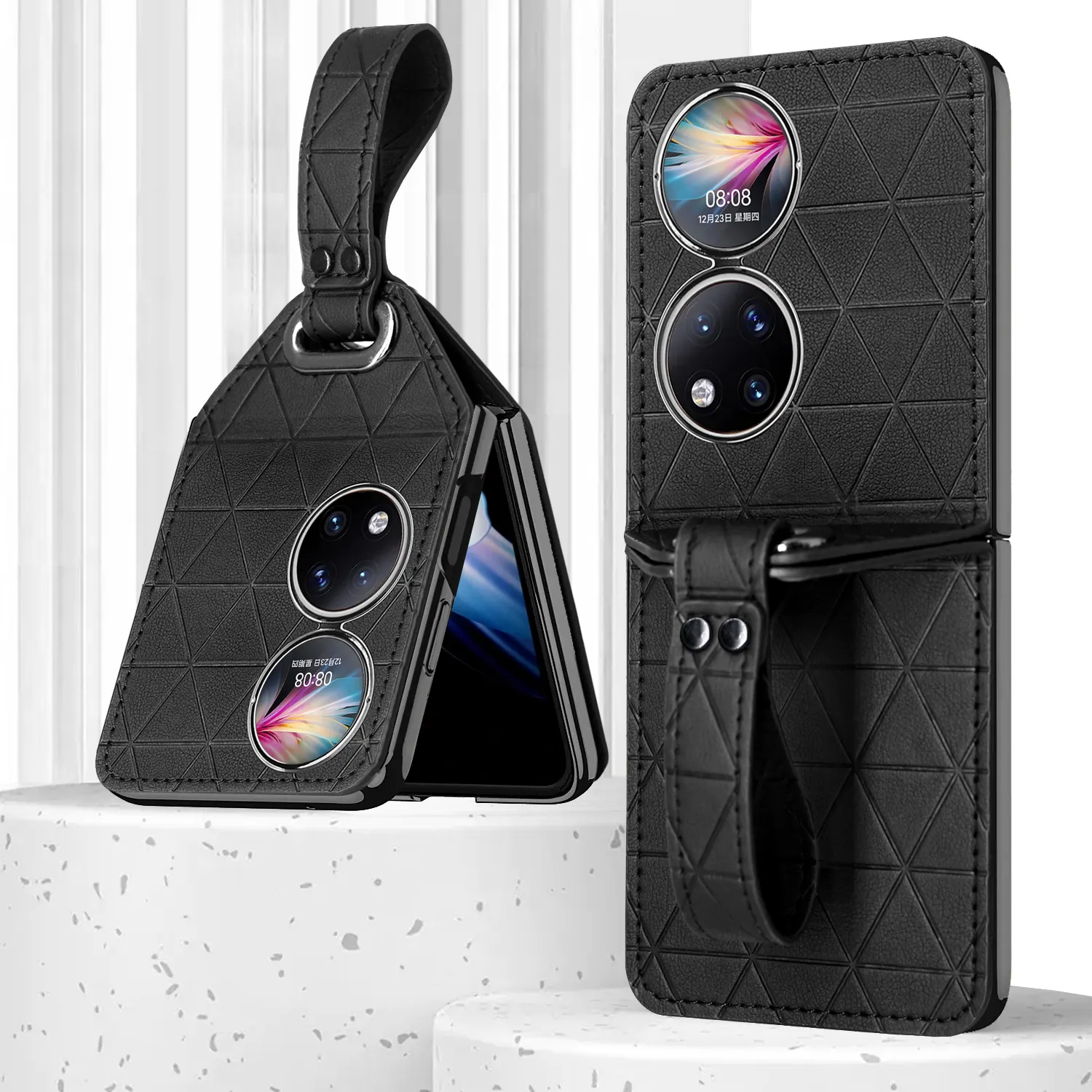 VIETAO Luxury Design folding leather phone cases for huawei p50 pocket shockproof cell phone case cover with hand strap