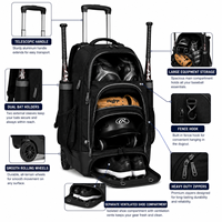 Sac à dos de baseball à roulettes en polyester avec logo personnalisé, fermeture éclair, grande capacité, porte-bâtons, compartiment pour casque et chaussures